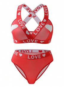 2 Pieces Set Milk Heart Printed Wireless Bras For Women - Red - View 6