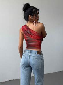 Aloruh Women's Elegant Sexy Tie Dye Print Mesh Rouched Tie-Front Cropped Top, Sleeveless Y2K Clothing Cold Shoulder Top - Red - View 2