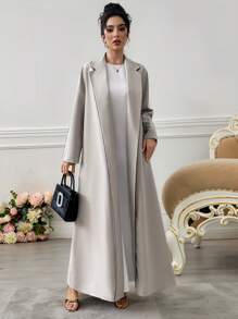Yasmyna 女士优雅通勤套装，领口撞色滚边，阿拉伯风格长袍，简约时尚，日常休闲穿着，春假音乐会，端庄得体。 - 灰色 - 查看 3