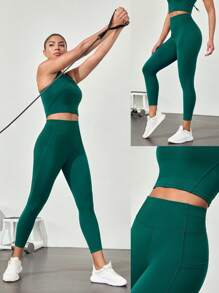 GLOWMODE 21" Powersculpt™ Goal Getter Adjustable Drawstring Waist Butt Scrunch Leggings With Side Pockets High Impact Workout Running Training Gym
