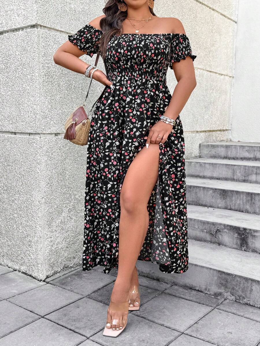 Breezaya 大码女式露肩性感露背宽松 A 字形连衣裙，带有碎花图案，优雅的波西米亚风格，适合春夏季