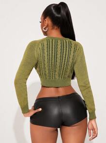 SHEIN SXY Comfortable Casual Washed Distressed Green V-Neck Long Sleeve Cardigan For Spring & Autumn - Green - View 2