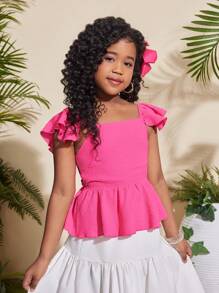 SHEIN Blusa rosada con manga corta, textura de tela, diseño de lazo en la espalda y dobladillo con volantes para niña preadolescente - Rosa - Ver 3