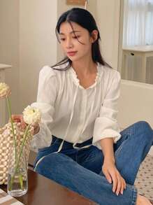 DAZY 女士纯色 V 领褶裥前扣优雅长袖衬衫，返校服装学院风上衣，秋季女装 - 杏色 - 查看 8