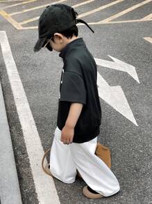 SHEIN مجموعة ملابس بقميص نصف سحاب وبنطال ذو خصر مرن بنمط أحرف، 2 حبة للأولاد الصغار، نسخة ياباني وكوري فضفاضة، راحة وأناقة وبساطة وعملية وشاملة، ملائمة للعب والمدرسة والتصوير في الشارع والحفلات والاسترخاء المنزلي، مناسبة للمدرسة والرياضة والعطلات والخارج والربيع والصيف - متعدد الألوان - مشاهدة 3