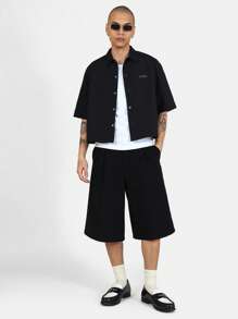 SUMWON 轻盈纽扣衬衫短袖休闲都市街头风夏季春季时尚现代商务休闲装 - 黑色 - 查看 4