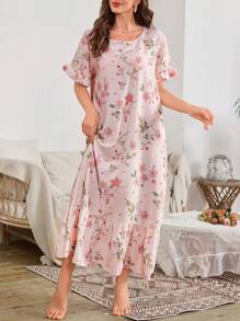 SHEIN Bubble Ruffle Hem Floral Print Long Nightgown Babydoll Luxeloungewear, Moo Moo - Multicolor - View 5