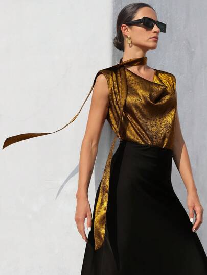 SHEIN Privé Elegante forens Hoge vakmanschap Folie Gradiënt Textuur Kraag Pad Schouder Cap Mouw Stropdas Manchet Losse Vrouwen Shirt