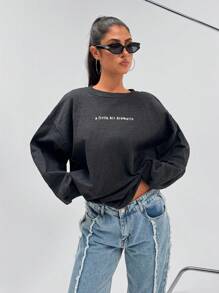 EURMUSE Áo nỉ hở vai họa tiết chữ 100% Cotton - Màu xám đen - Xem 3