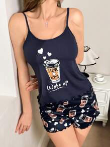 CoupledUp 女士咖啡杯印花吊带背心和短裤睡衣套装 - 藍色 - 查看 1