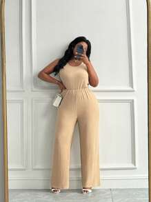 Slaydiva 女式大码休闲基本款纯色无袖 U 领系腰超长连体裤，针织面料，春夏