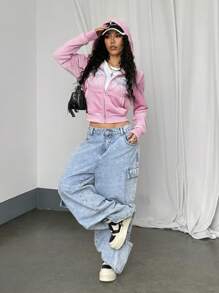 StreetHx Women's Gothic Print With Rhinestones Y2K Style Thermal Lined Hoodie For Autumn/Winter - Pink - View 3