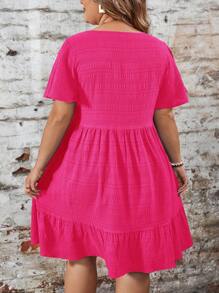 SHEIN LUNE Plus Size Solid Color Round Neck Short Sleeve Casual Loose Mini Dress Western Wear Women Festival Boho Hippie Cowgirl Outfit Old Money Bohemian For Summer