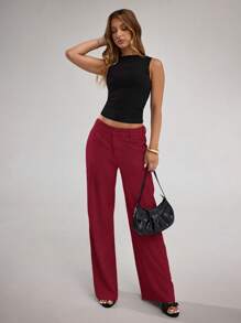 SHEIN BAE 女式杏色纯色亚麻休闲阔腿裤，低腰，适合日常、度假、办公室、春夏季 - 酒紅色 - 查看 7