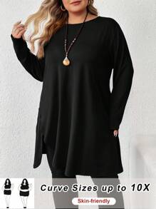 SHEIN CURVE+ 加大码红色不对称下摆长T恤，秋季，情人节