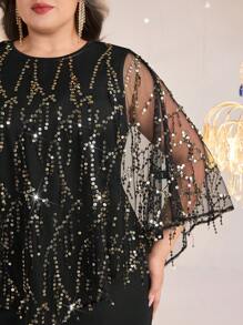Modelyn Plus Size Elegant Party Sequined Mesh Top & Sleeveless Dress 2pcs Set