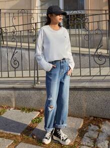 DAZY Horse Print Drop Shoulder Tee,Fall Clothes Long Sleeve Women Tops - White - View 5