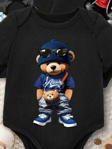 SHEIN Leap Crew 3件套男婴休闲可爱小熊印花短袖圆领连体衣套装，适合夏季穿着