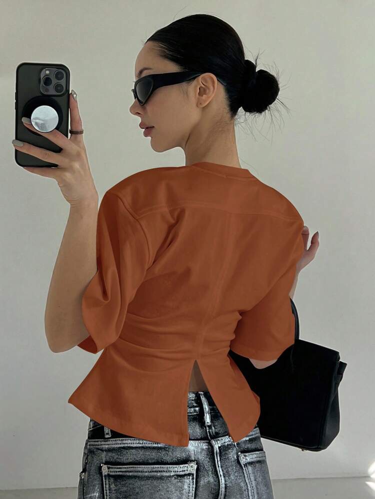 Women's Solid Color Short Sleeve T-Shirt, Minimalist & Fashionable, Suitable For Summer,Back To School Clothes