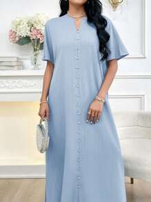 Al Najma 女士纯色 V 领短袖纽扣阿拉伯长裙