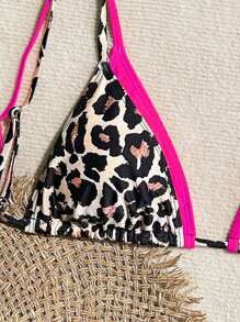 SHEIN Springbreak Leopard Print Triangle Halter Neck Women Swimwear Spaghetti Strap Top - Hot Pink - View 4
