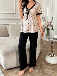 拼色蕾丝圆点印花 V 领宽松短袖长裤孕妇睡衣套装 - 彩色 - 查看 5