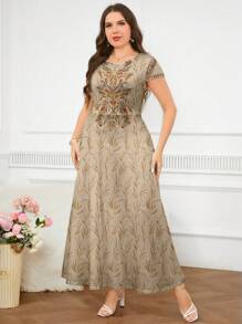 Al Najma Casual Minimalist Vintage Pattern Loose Fit Round Neck Plus Size Dress, Suitable For Summer - Multicolor - View 4