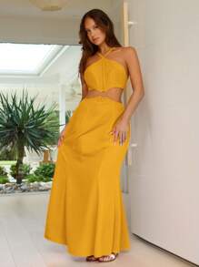 SHEIN VCAY 女士无袖露背纯色连衣裙，简约时尚，适合夏季 - 黃色 - 查看 5