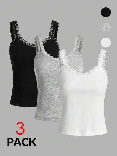 SHEIN Essnce 3pcs/Set Summer Lace Trimmed Tight-Fitting Casual Vacation Knitted Tank Tops, Black/White/Grey
