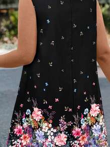 SHEIN LUNE 大码女式花卉印花 V 领无袖宽松休闲连衣裙夏季 - 黑色 - 查看 6