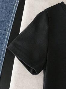 LOONEY TUNES X SHEIN 年轻男孩休闲圆领短袖T恤，舒适可爱卡通字母印花，适合夏季