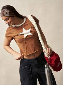 VARSITIE Damen Lässig Sport Kurzarm Kontrast Farbe Stern T-Shirt Top - Khaki - Übersicht 3