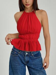 SHEIN PETITE Women's Pleated Halter Neckline Waist-Tied Backless Tank Top - Burgundy - View 7