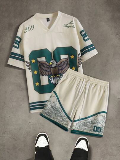 Manfinity Campus Court Aesthetic Post--Men's Number & Eagle Print V-Neck T-Shirt And Drawstring Waist Shorts 2pcs Casual Suit, Short Set Outfits For Men, Men's Eagle Print Short Set, Men's Two Piece Casual Set, Men's Summer Outfit, Men's Streetwear Set