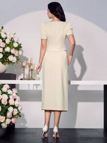 Modelyn Women Apricot French Square Neck Short Puff Sleeve Top + Fashionable Long Skirt 2 Pieces Set - Apricot - View 2