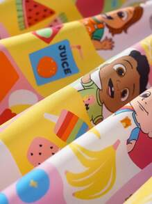 CoComelon X SHEIN Young Girl Colorful Plaid Fruit Print Round Neck Ruffle Sleeve Loose Dress