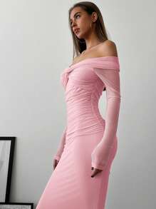 Aloruh Gaun Kencan Romantis Tanpa Bahu dengan Detail Jala, Simpul Putar, dan Rumbai, Lengan Panjang, Panjang Hingga Lantai, Gaun Pastel untuk Wanita - Berwarna merah muda - View 7