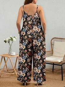 EMERY ROSE Plus Size Floral Print Jumpsuit, Suitable For Summer Suitable For Going Out,Flower/Vacation/Spring - Black - View 2