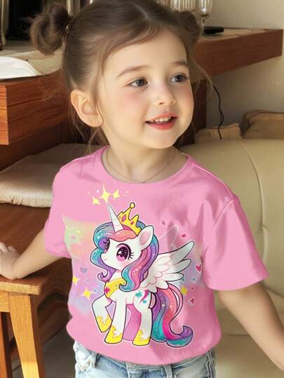 SHEIN 可爱独角兽图案年轻女孩休闲简约圆领短袖T恤，适合夏季
