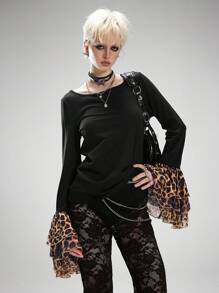 SHEIN EZwear 女式夏季 Y2K 街头服饰复古休闲装 垃圾摇滚休闲豹纹拼布荷叶边 T 恤 - 黑色 - 查看 3