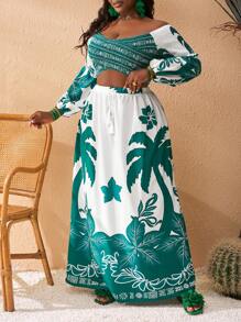 Slaydiva Plus Size Fitted Printed Long Sleeve Crossover Top, Spring Resort - Green - View 6