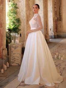 Glamrae Elegantes luxuriöses cremefarbenes Satin-Ballkleid mit Puffärmeln, wehendem Saum und Schleppe, geeignet für Hochzeit, Party, Urlaub, Ballkleid - Beige - Übersicht 5