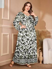 Lacomfia Große Größen Kleid mit V-Ausschnitt, gefalteter Taille, Langarm, Lässig Blume Muster, Regular Fit für Frühling und Herbst