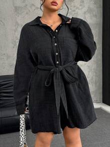 SHEIN EZwear 大码纯色前扣长袖连体衣 - 黑色 - 查看 1