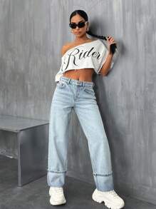 EURMUSE Gerade, lässige blaue Jeans mit tiefer Taille, minimalistisch und modisch - Mittele Waschung - Übersicht 2