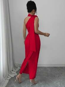 Elenzga 优雅性感法式缎带斜肩立领 3D 花腰褶修身紧身连衣裙 - 紅色 - 查看 2