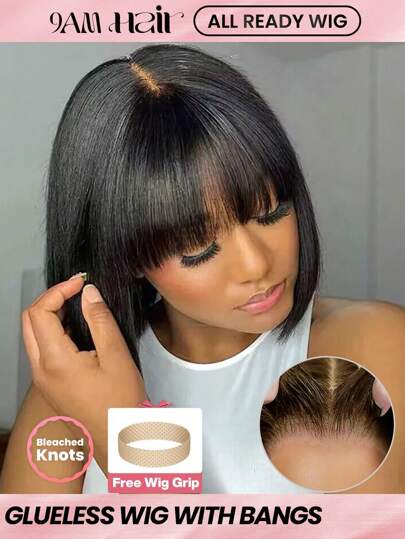  Bob Wig With Bangs All Ready Wig Pre Bleached Pre Plucked Pre-Cut Lace Melting Lace 4x4 Glueless Closure Wig 100% Human Hair 9AM HAIR