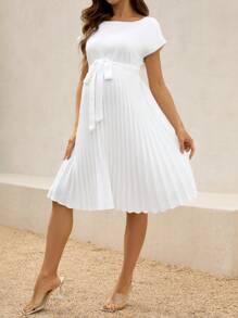 SHEIN Maternity Dress, Solid Color Short Sleeve Round Neck, Minimalist Style Summer Clothing - White - View 3