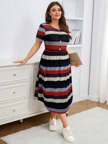 SHEIN LUNE SHEINLUNE Plus Size Women Striped Short Sleeve Knit Casual Dress, Vacation Outfits Woman,Modest Dresses For Women,Airport Outfit For Women,Boho Dress Women,Spring Dress,Resort Wear Women,Club Dress,Tropical Dress,Spring - Red - View 3