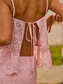 Aralina Vacation Broderie Anglaise Peplum Drawstring Waist Summer Two Pieces Set - Pink - View 10